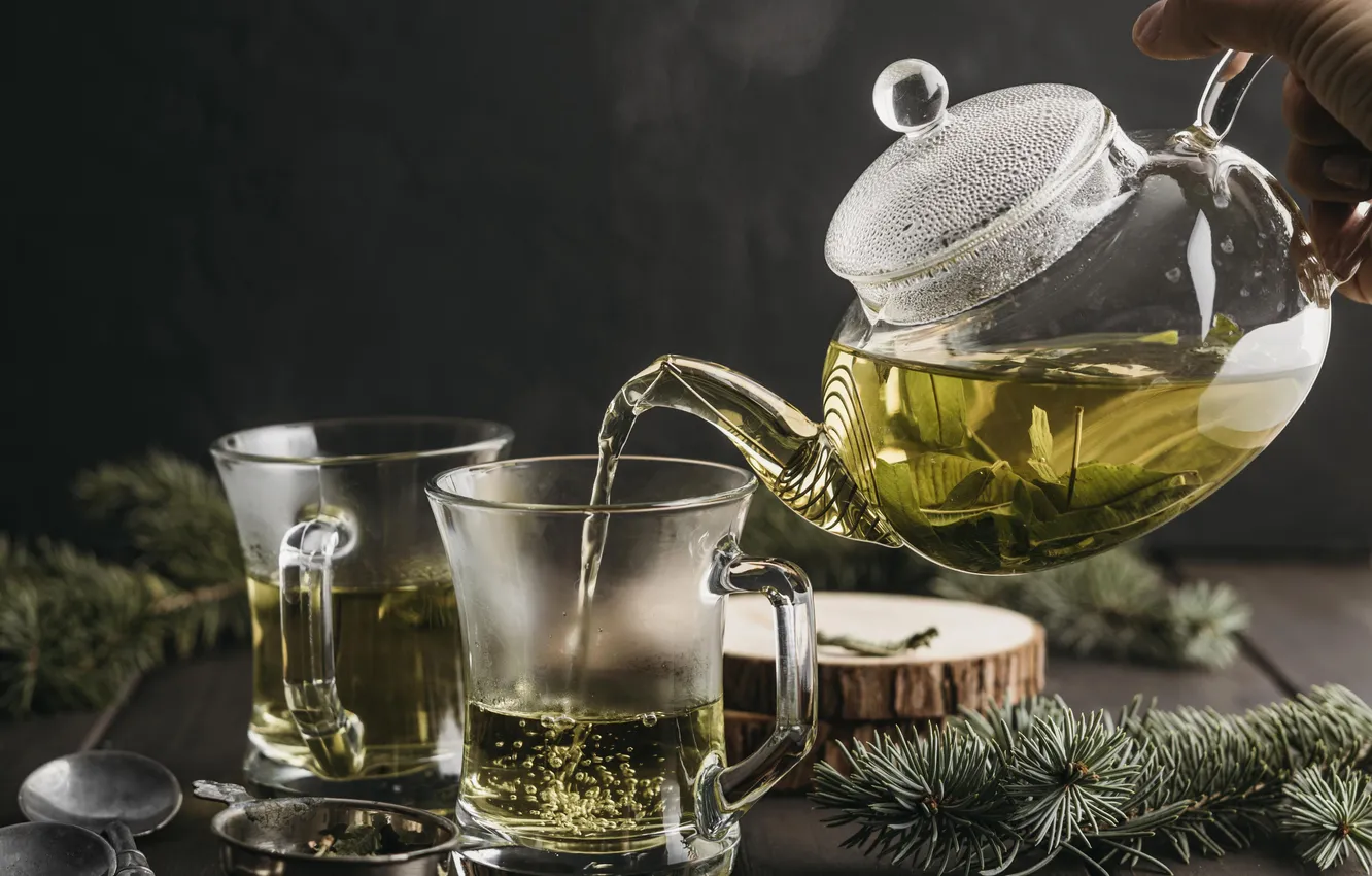 Photo wallpaper glass, branches, table, tea, Board, hand, kettle, glasses