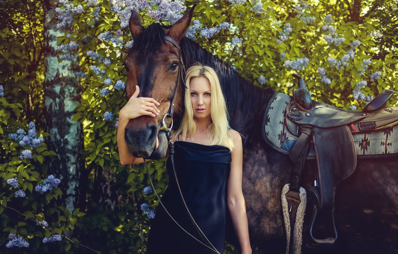 Photo wallpaper look, girl, flowers, pose, horse, woman, horse, spring