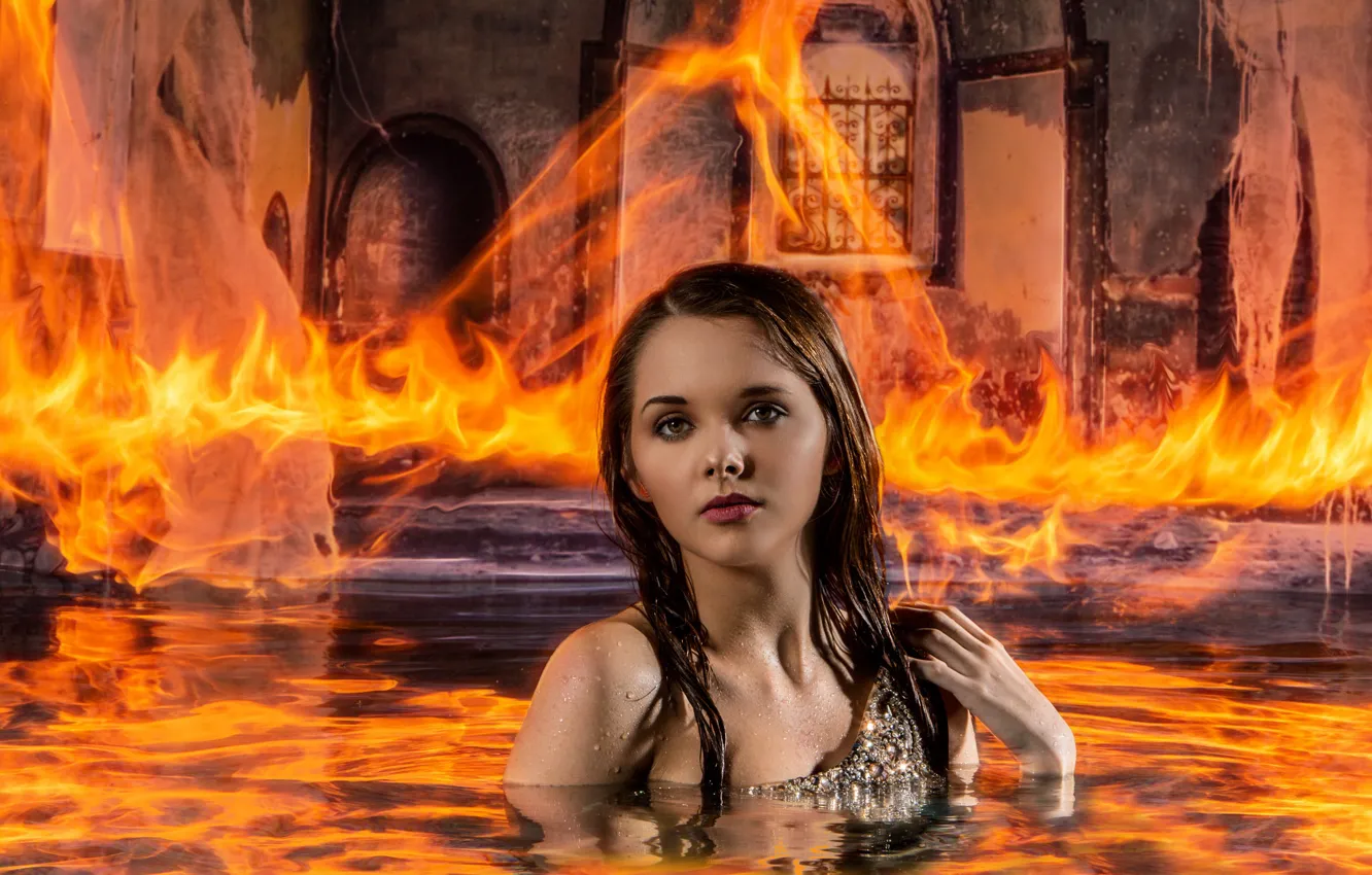 Photo wallpaper water, girl, fire, the situation
