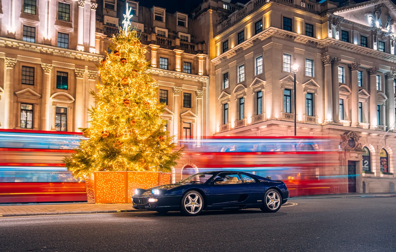 Photo wallpaper Ferrari, Christmas tree, F355, sports car, headlights, Ferrari F355 Berlinetta