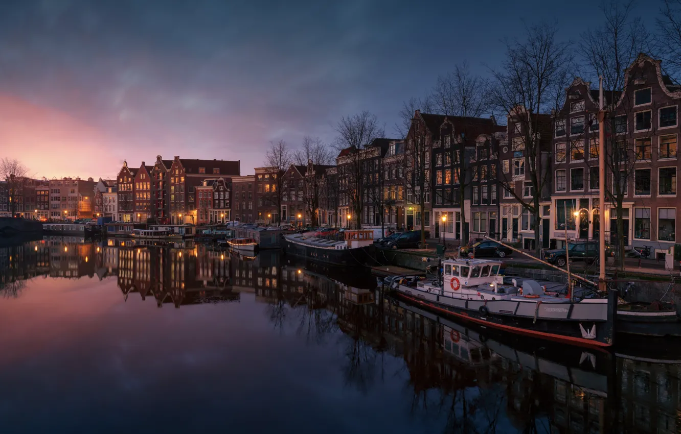 Photo wallpaper light, the city, boat, home, the evening, Amsterdam, channel, Netherlands