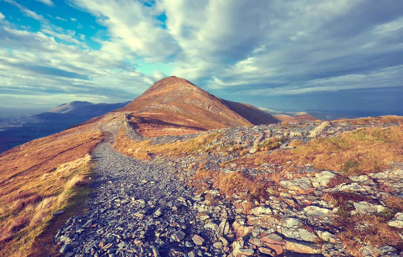 Photo wallpaper the sky, clouds, mountains, stones, view