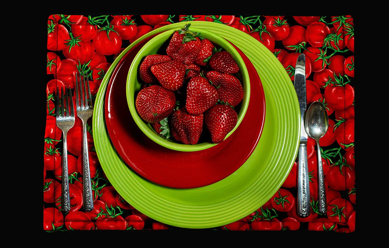 Photo wallpaper red, green, berries, food, strawberry, spoon, knife, plates