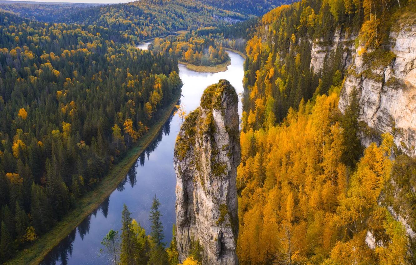 Photo wallpaper autumn, forest, trees, river, rocks, Russia, Perm Krai, Yuri Stolypin