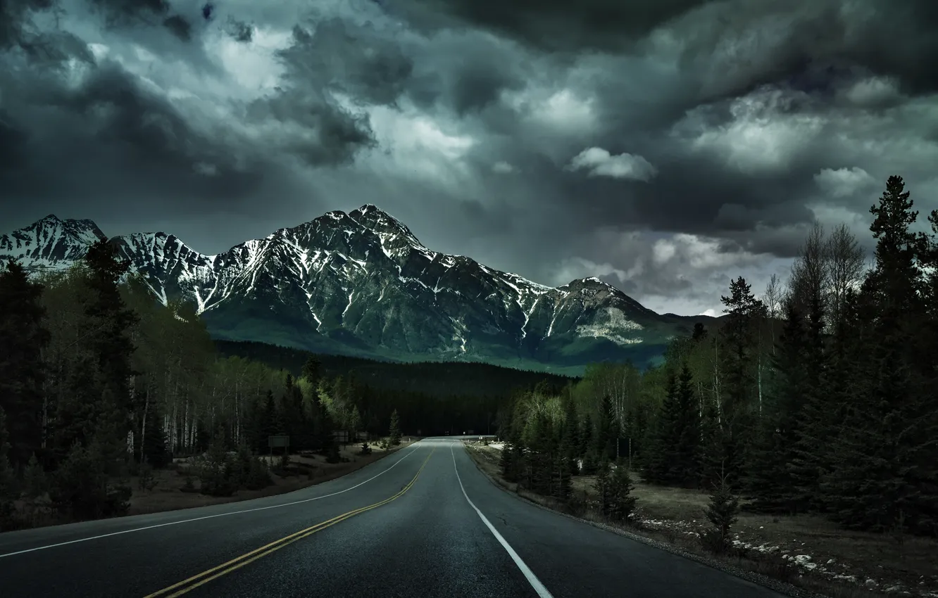 Photo wallpaper road, forest, trees, nature, mountain, Canada