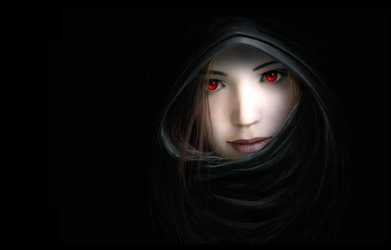 Photo wallpaper look, black background, face, hood
