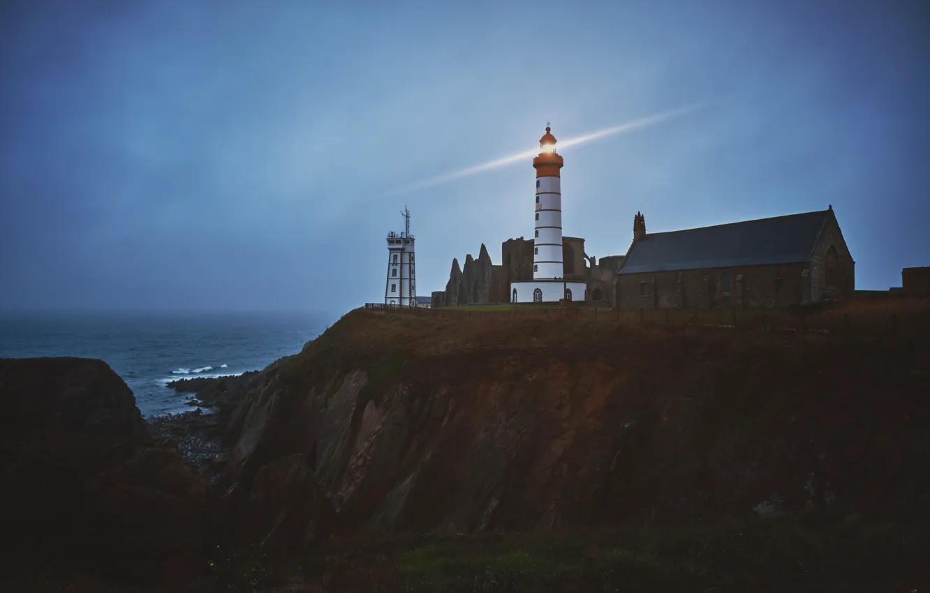 Photo wallpaper Sea, Night, Rocks, Lighthouse, Light
