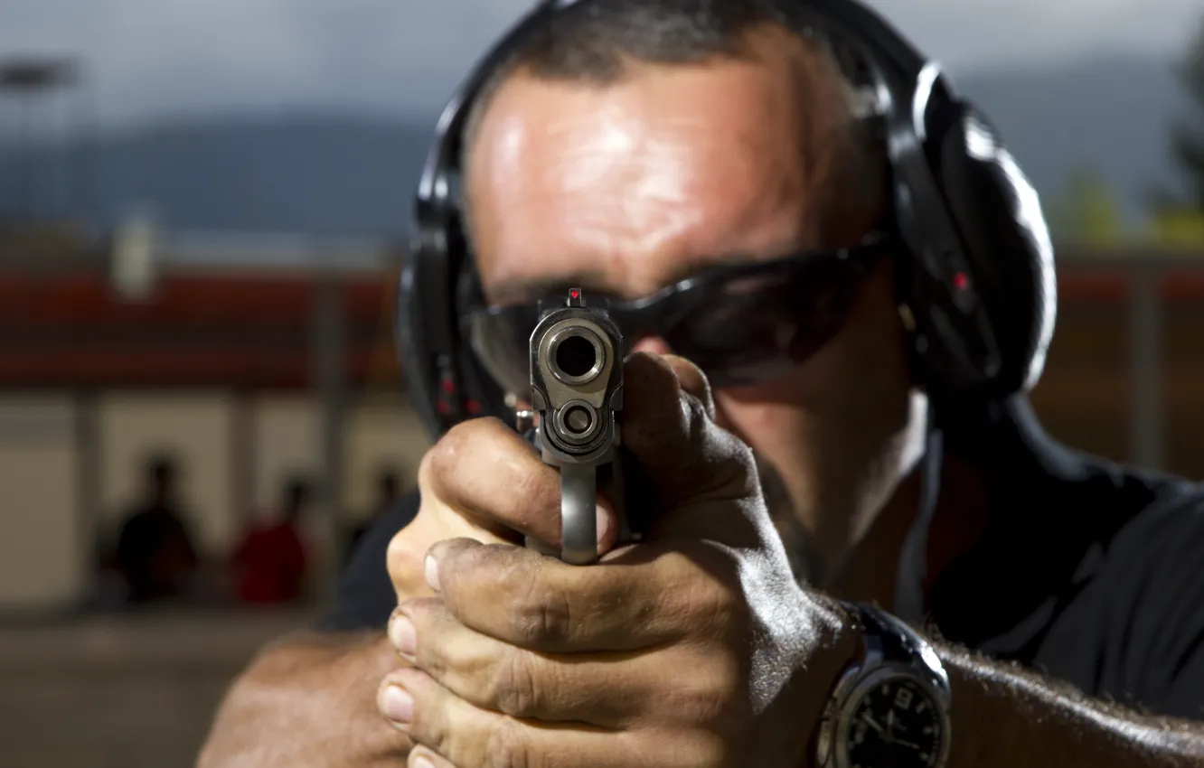 Photo wallpaper pistol, technical, safety goggles, hearing protection