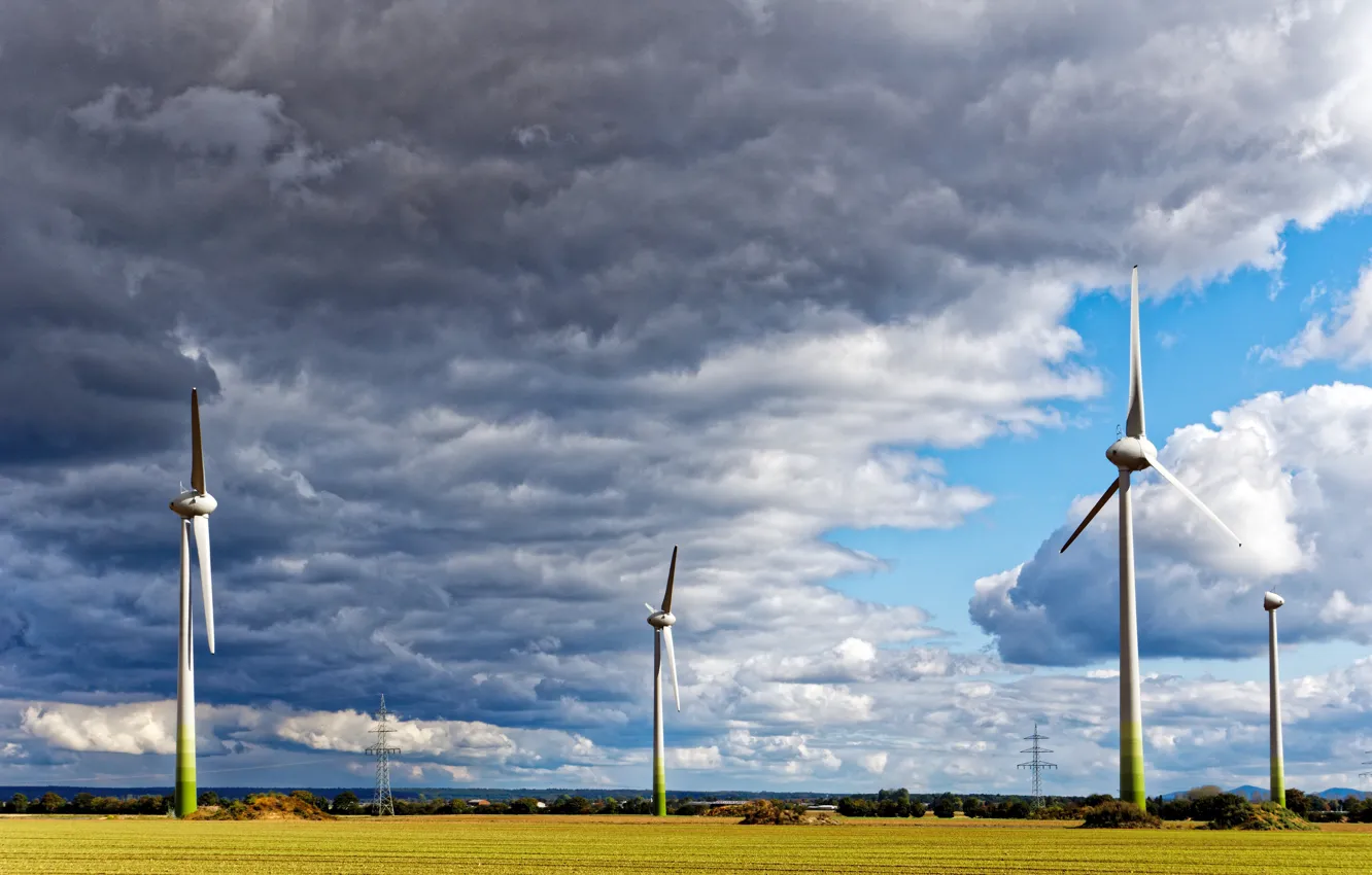 Photo wallpaper field, clouds, windmills, Sunny, power lines