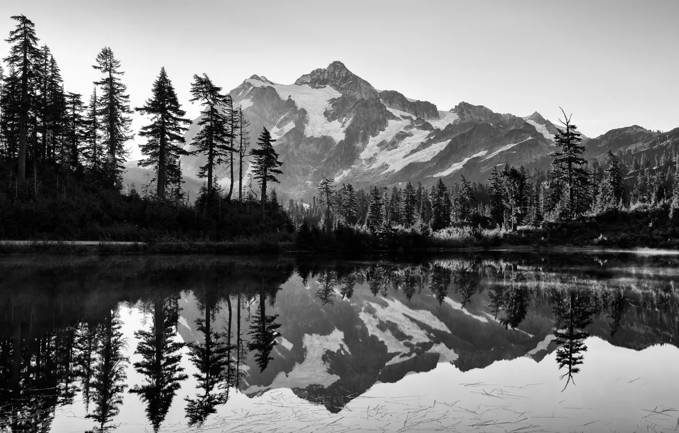 Photo wallpaper the sky, snow, trees, mountains, nature, lake, rocks, black and white