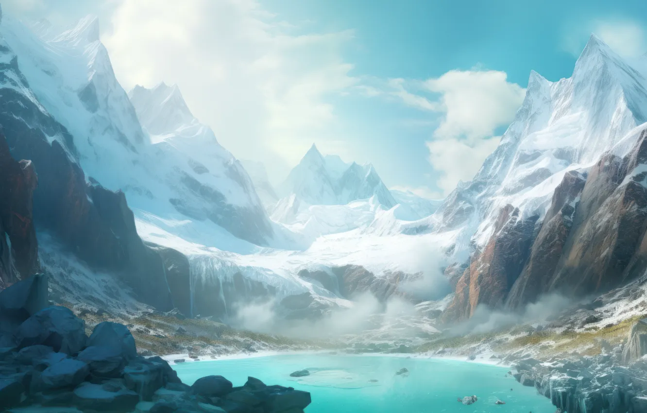 Photo wallpaper winter, the sky, clouds, snow, landscape, mountains, nature, fog