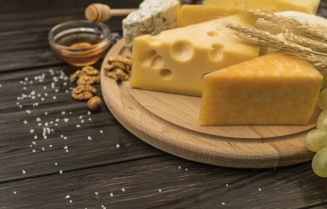Photo wallpaper table, Board, food, cheese, honey, ears, nuts, holes