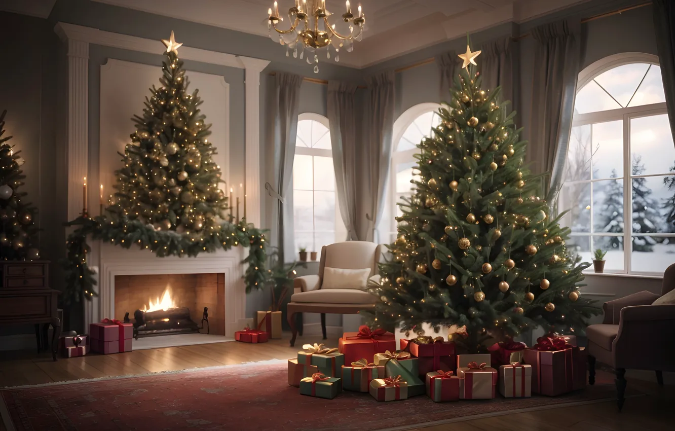 Photo wallpaper decoration, room, gift, balls, tree, new year, interior, Christmas