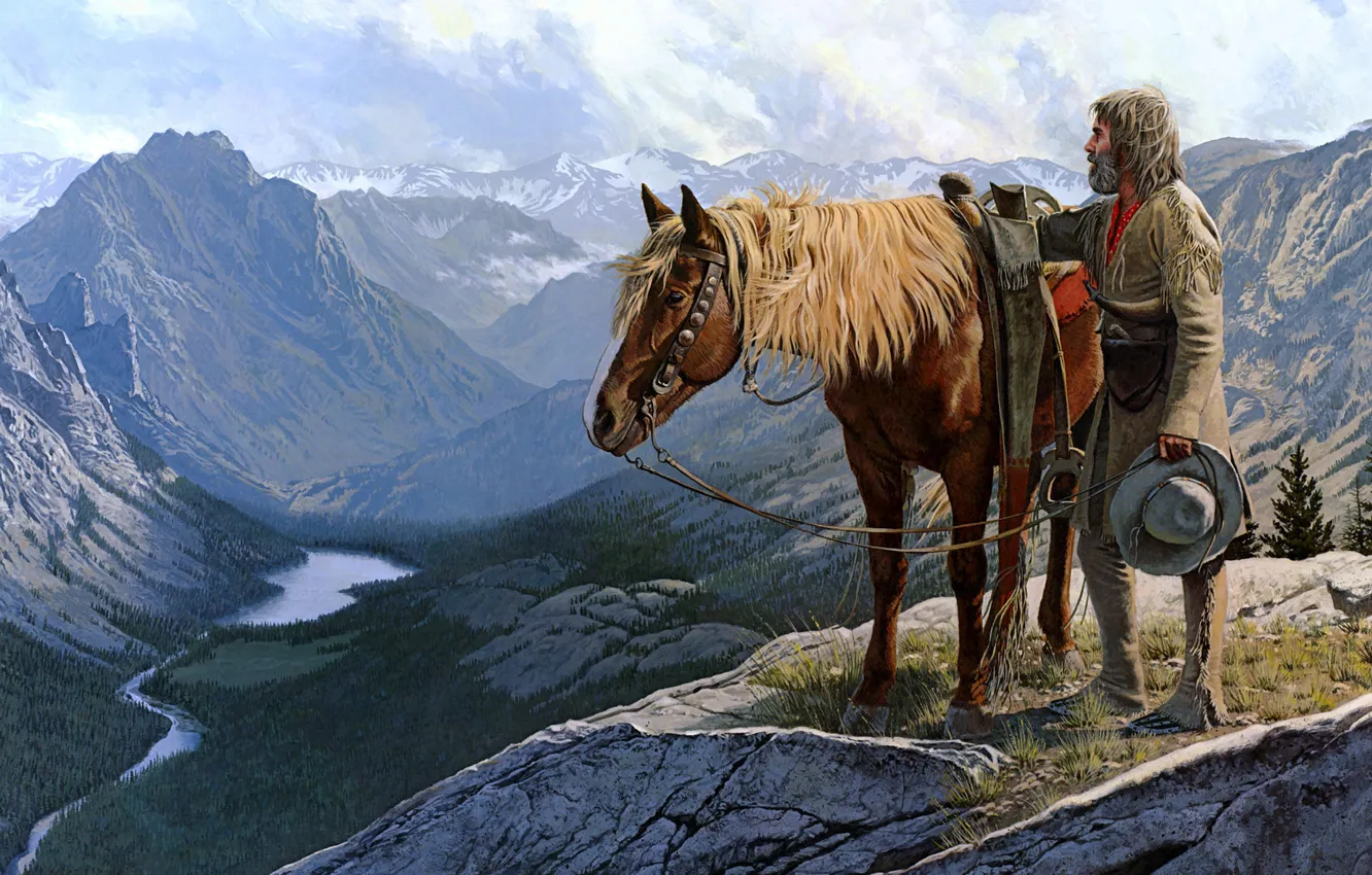 Photo wallpaper mountains, horse, picture, valley, painting, painting, trapper