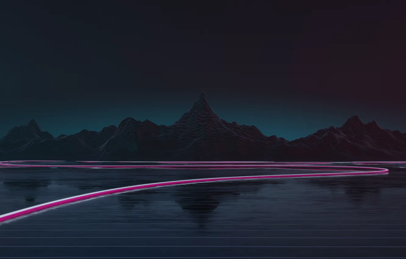 Photo wallpaper Mountains, Music, Background, Neon, Highway, Synth, Retrowave, Synthwave