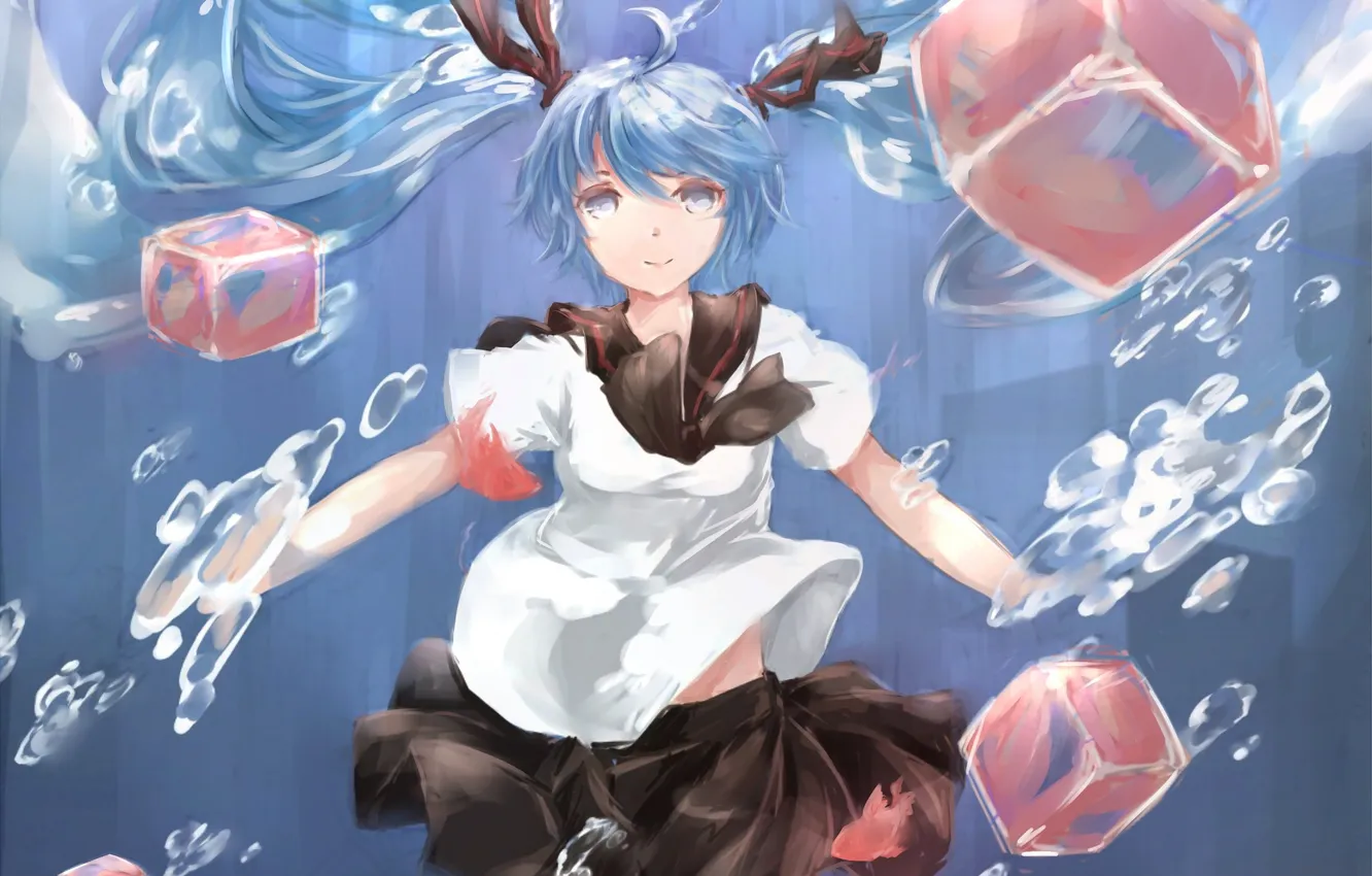 Photo wallpaper girl, fish, bubbles, cubes, art, form, schoolgirl, vocaloid
