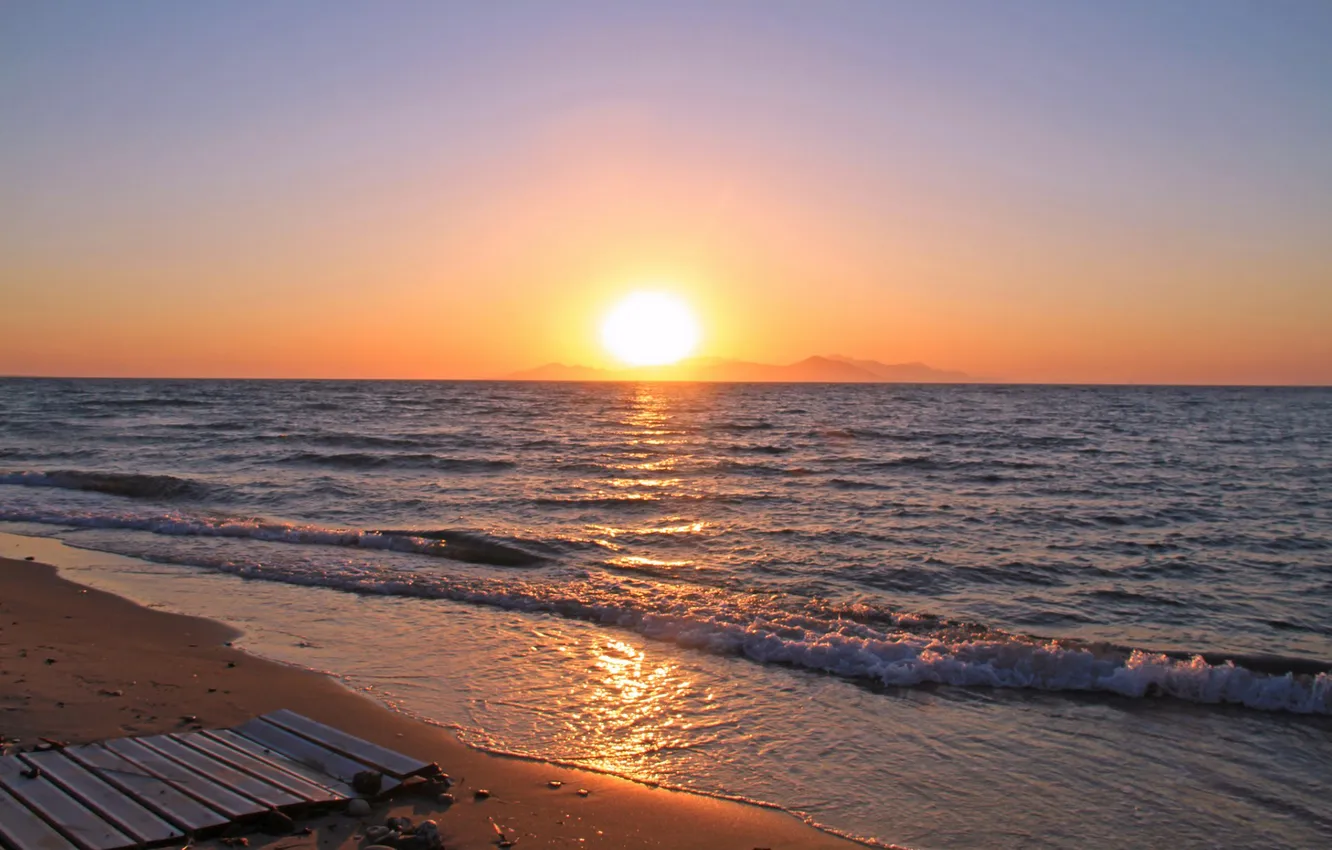 Photo wallpaper sand, sea, wave, the sky, the sun, sunset, shore, wooden