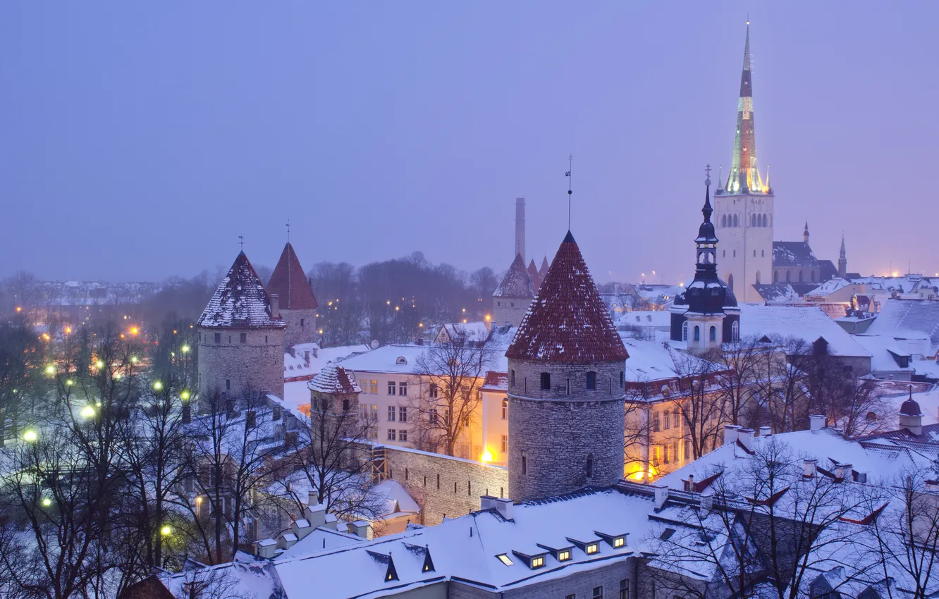 Photo wallpaper winter, snow, lights, home, the evening, roof, Estonia, tower