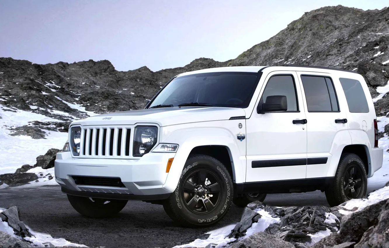 Photo wallpaper winter, machine, auto, white, rocks, SUV, side view, Jeep