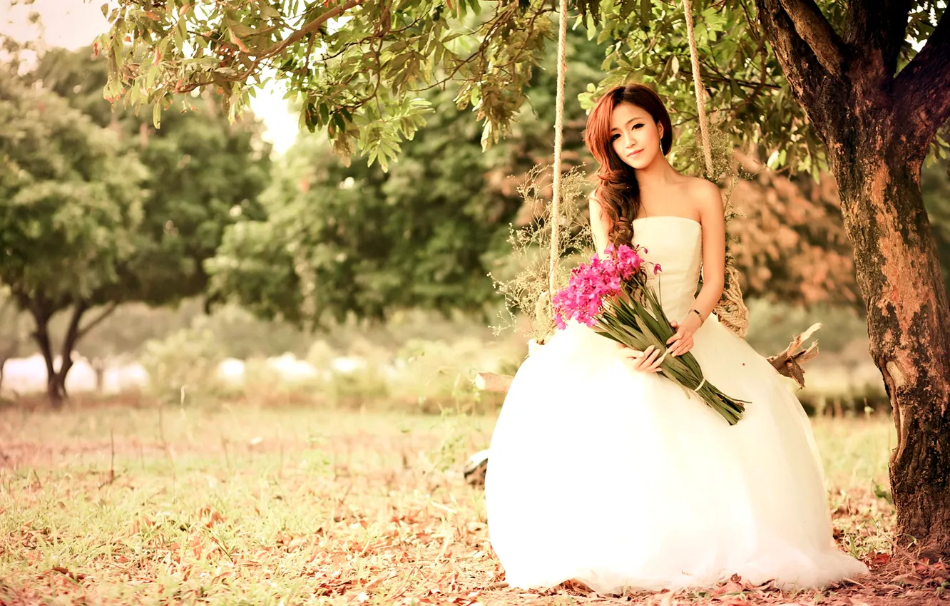 Photo wallpaper look, flowers, nature, swing, Girl, dress, Asian