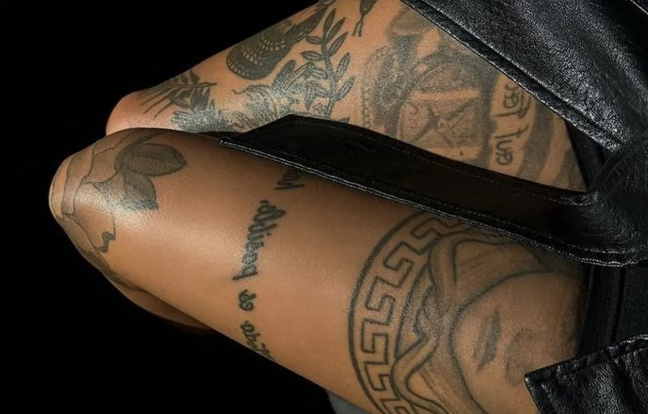 Photo wallpaper girl, the dark background, tattoo, slender legs, tattoos on the legs