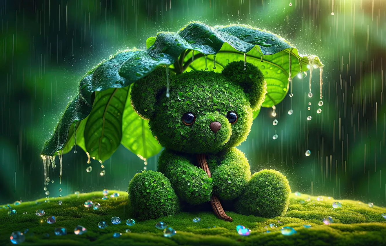 Photo wallpaper greens, leaves, drops, umbrella, rain, bear