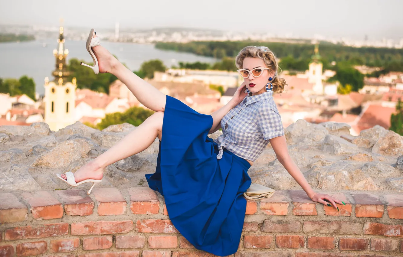 Photo wallpaper girl, pose, style, skirt, glasses, legs, vintage, Emilia