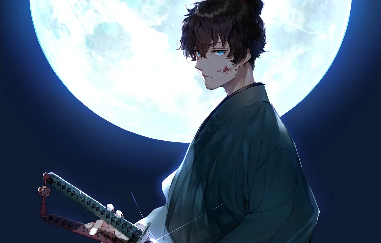 Photo wallpaper night, the moon, katana, samurai, guy, the full moon, fate series, fatesamurai