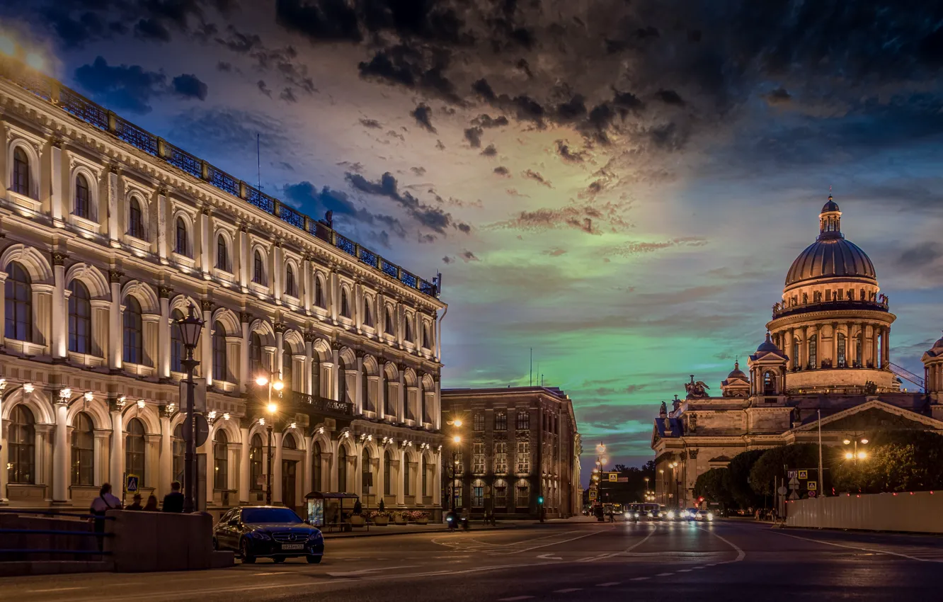 Photo wallpaper night, the city, building, Peter, lighting, Saint Petersburg, St. Isaac's Cathedral