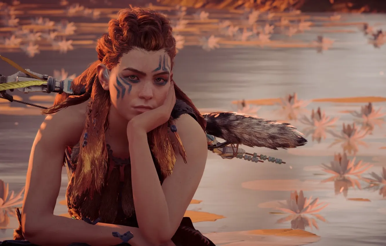 Photo wallpaper Ella, Horizon: Zero Dawn, red, tattoo, bow, sunset