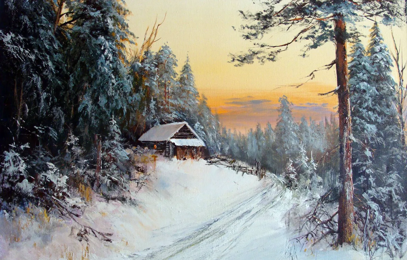 Photo wallpaper the sky, trees, oil, hut, picture, painting, canvas, rural landscape