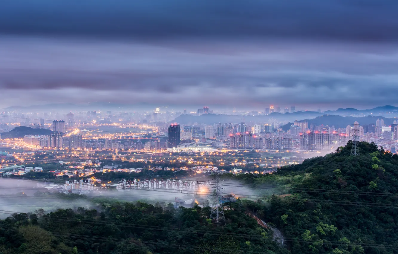 Photo wallpaper the sky, trees, clouds, the city, lights, fog, dawn, hills
