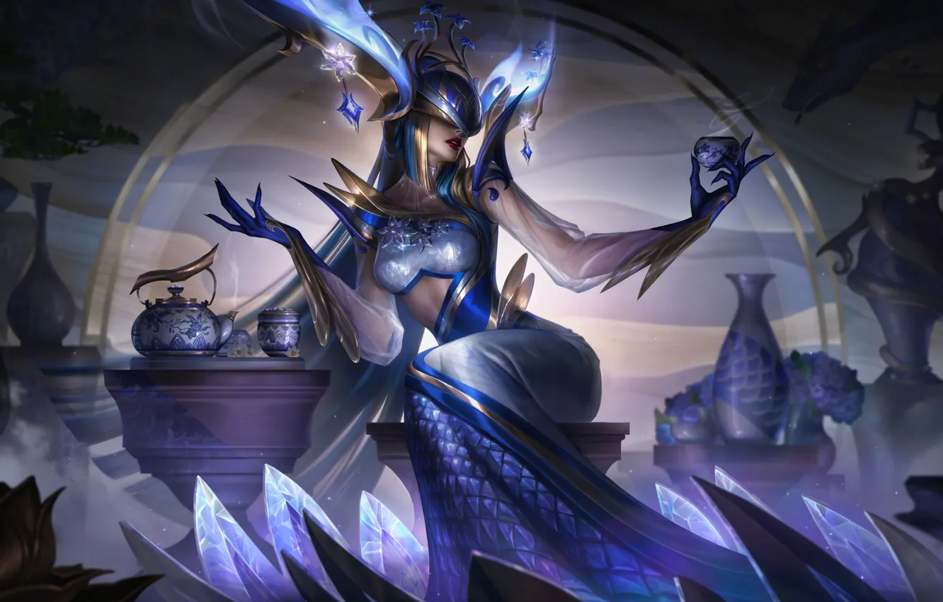 Photo wallpaper lights, the game, kettle, Cup, vase, gesture, characters, League of Legends
