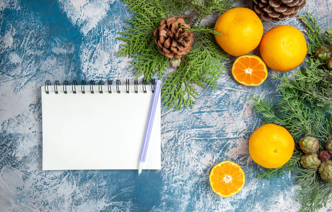 Photo wallpaper new year, Christmas, handle, Notepad, citrus, needles, bumps, halves