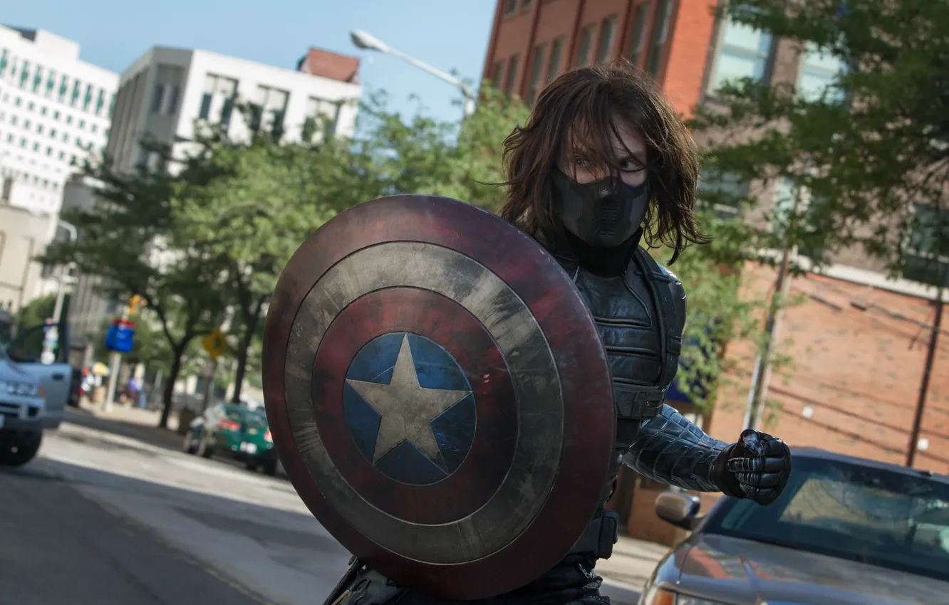 Photo wallpaper mask, shield, The first avenger: the Other war, Captain America: The Winter Soldier, Sebastian Stan, …