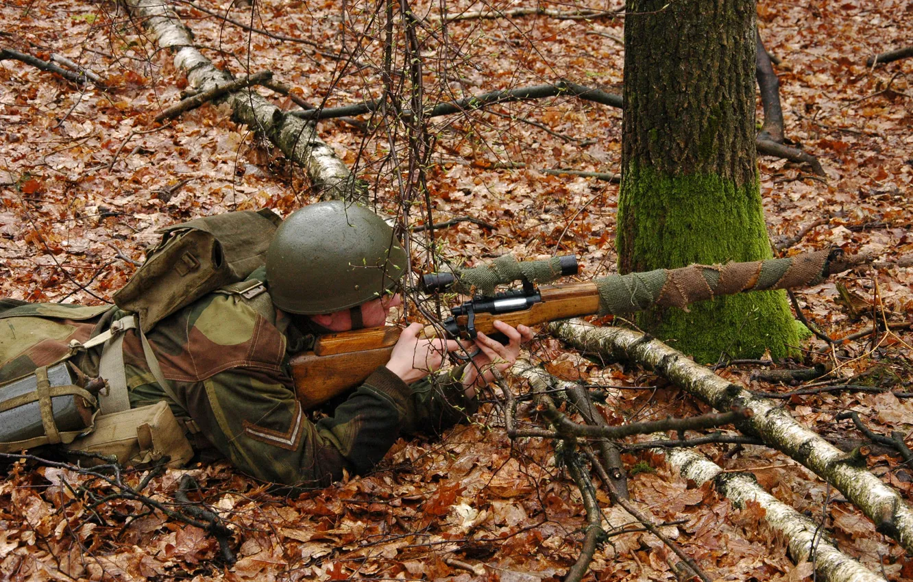 Photo wallpaper autumn, forest, leaves, soldiers, optics, sniper, helmet, sniper rifle