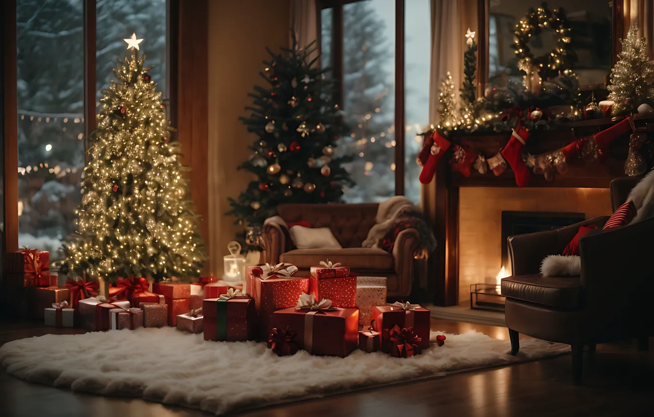 Photo wallpaper decoration, room, gift, balls, tree, new year, interior, Christmas