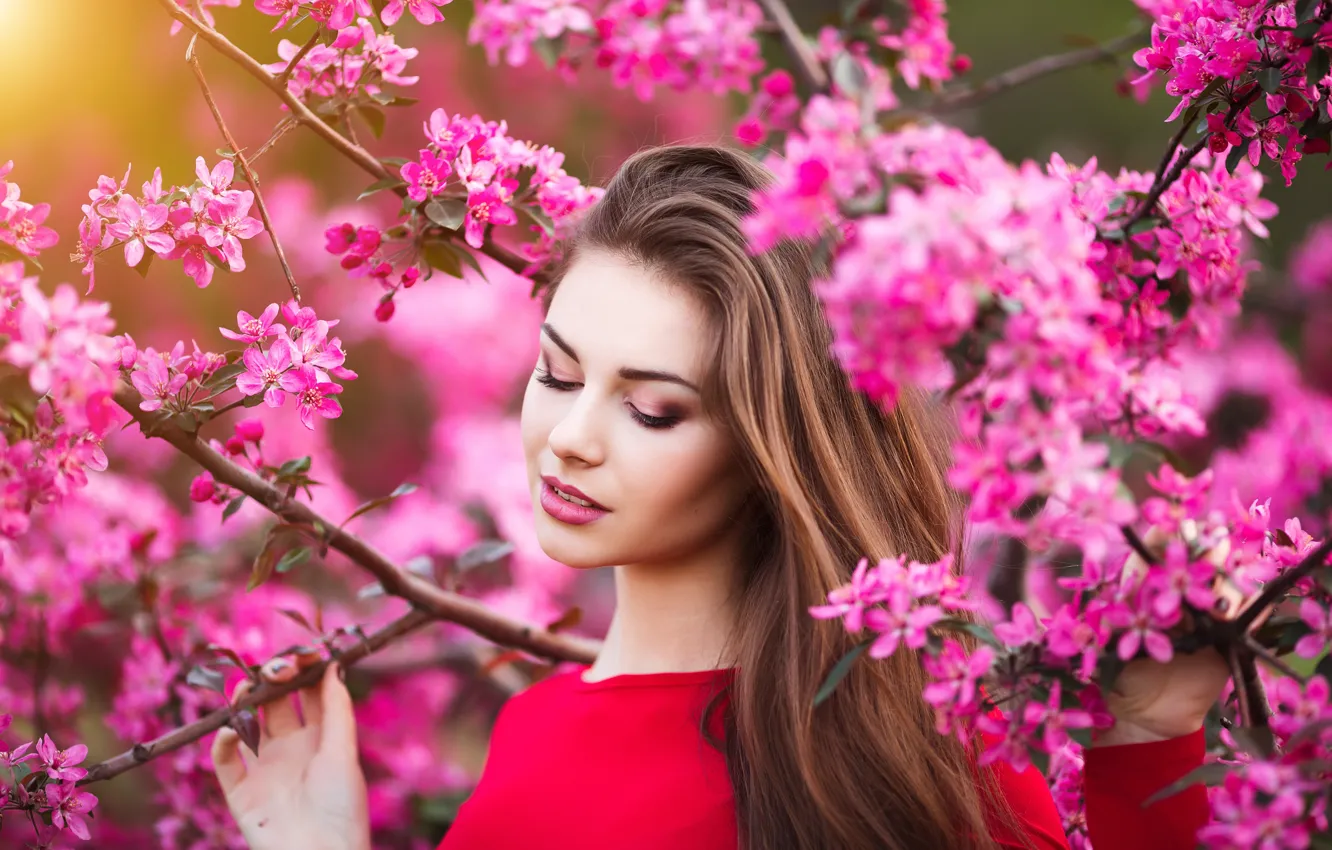 Photo wallpaper girl, flowers, beauty, spring, garden, woman, young, beautiful