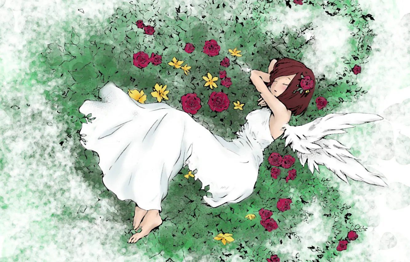 Photo wallpaper grass, sleep, wings, girl, flowers, white dress, art, barefoot