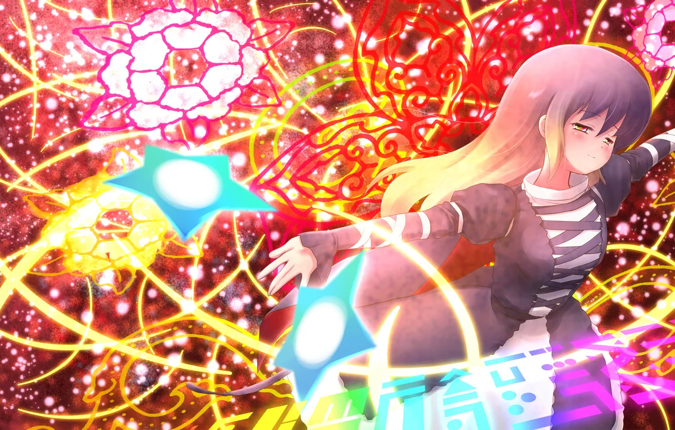 Photo wallpaper look, girl, flowers, smile, mood, magic, pattern, dress