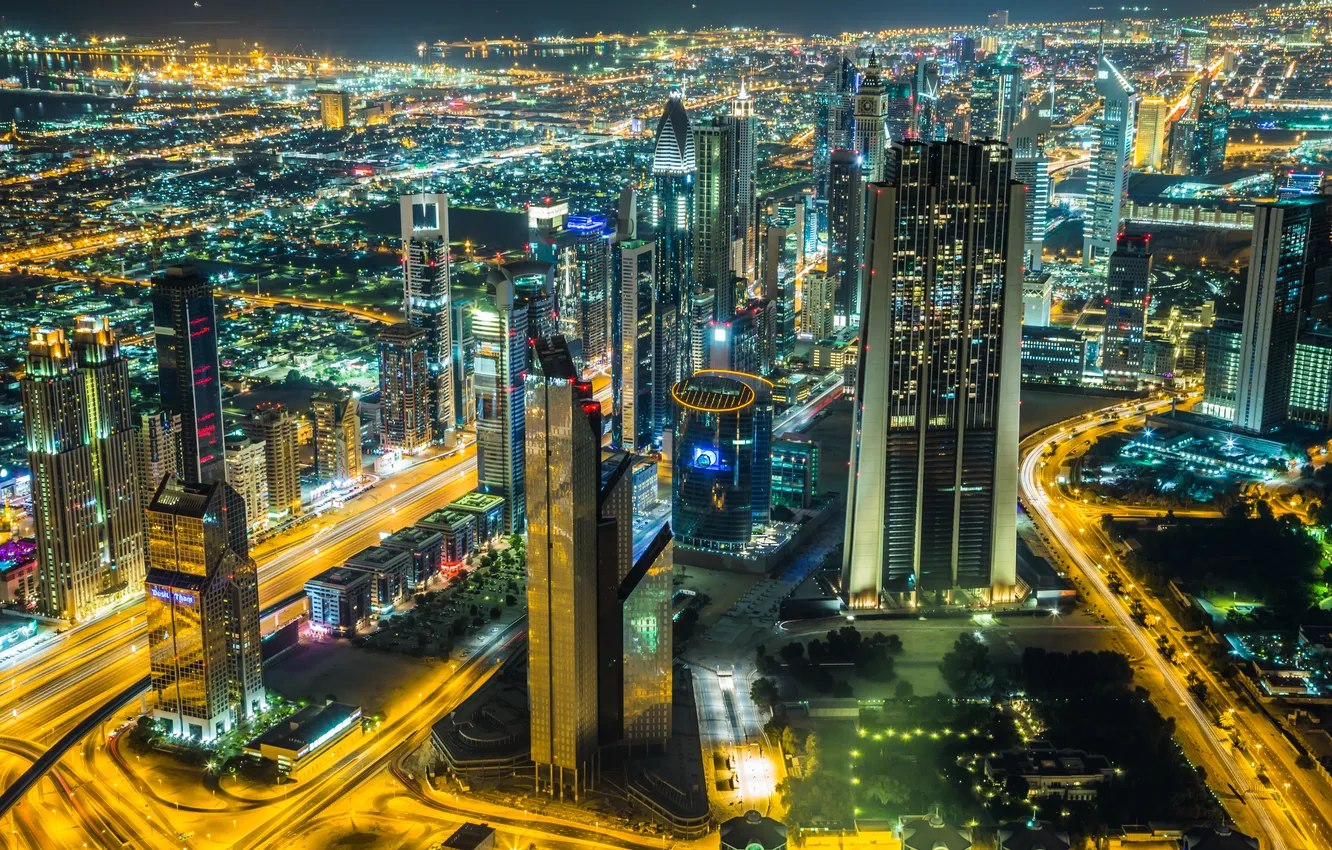 Photo wallpaper Dubai, Dubai, city lights, downtown, city lights, in the city center, night scene, night scene