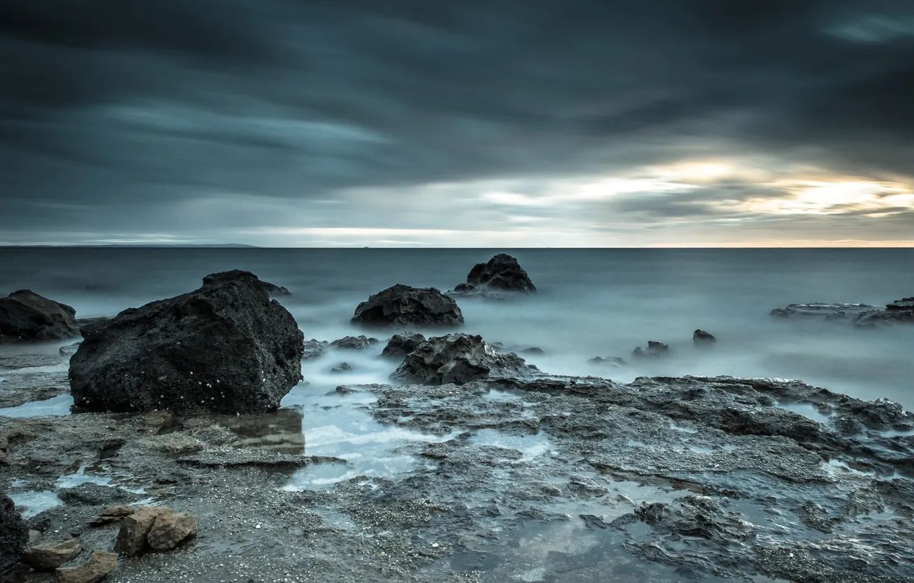 Photo wallpaper sea, stones, dark