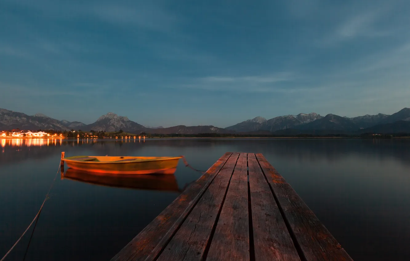 Photo wallpaper the sky, mountains, night, lights, lake, boat, the bridge
