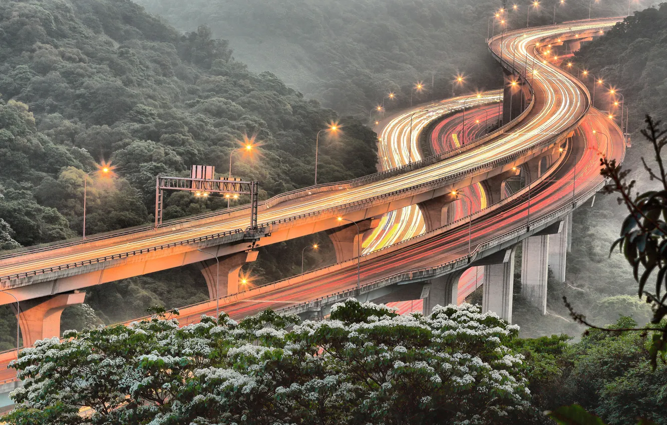 Photo wallpaper road, light, lights, spring, excerpt, Taiwan, highway