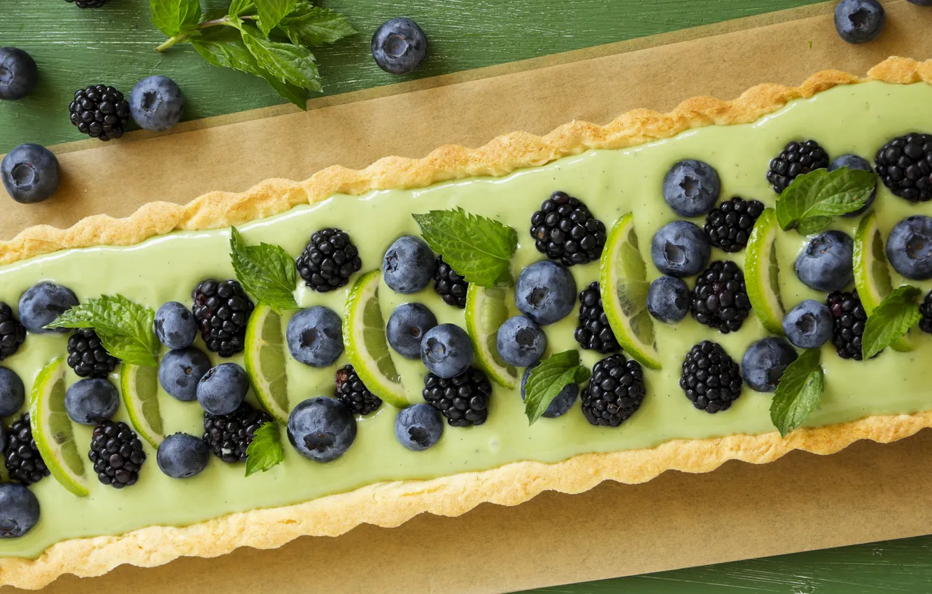 Photo wallpaper leaves, blueberries, pie, cakes, BlackBerry