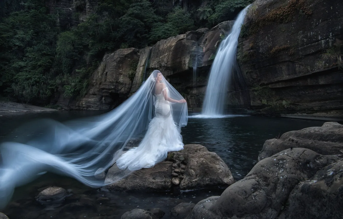 Photo wallpaper girl, nature, style, mood, waterfall, Asian, the bride, veil