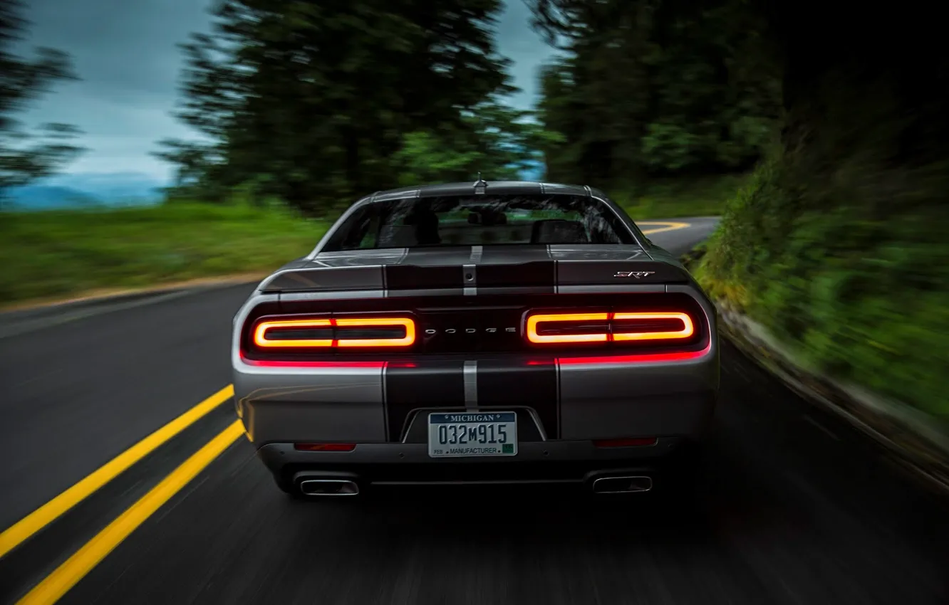 Photo wallpaper Road, Trees, Strip, View, Optics, Dodge, Challenger, 392