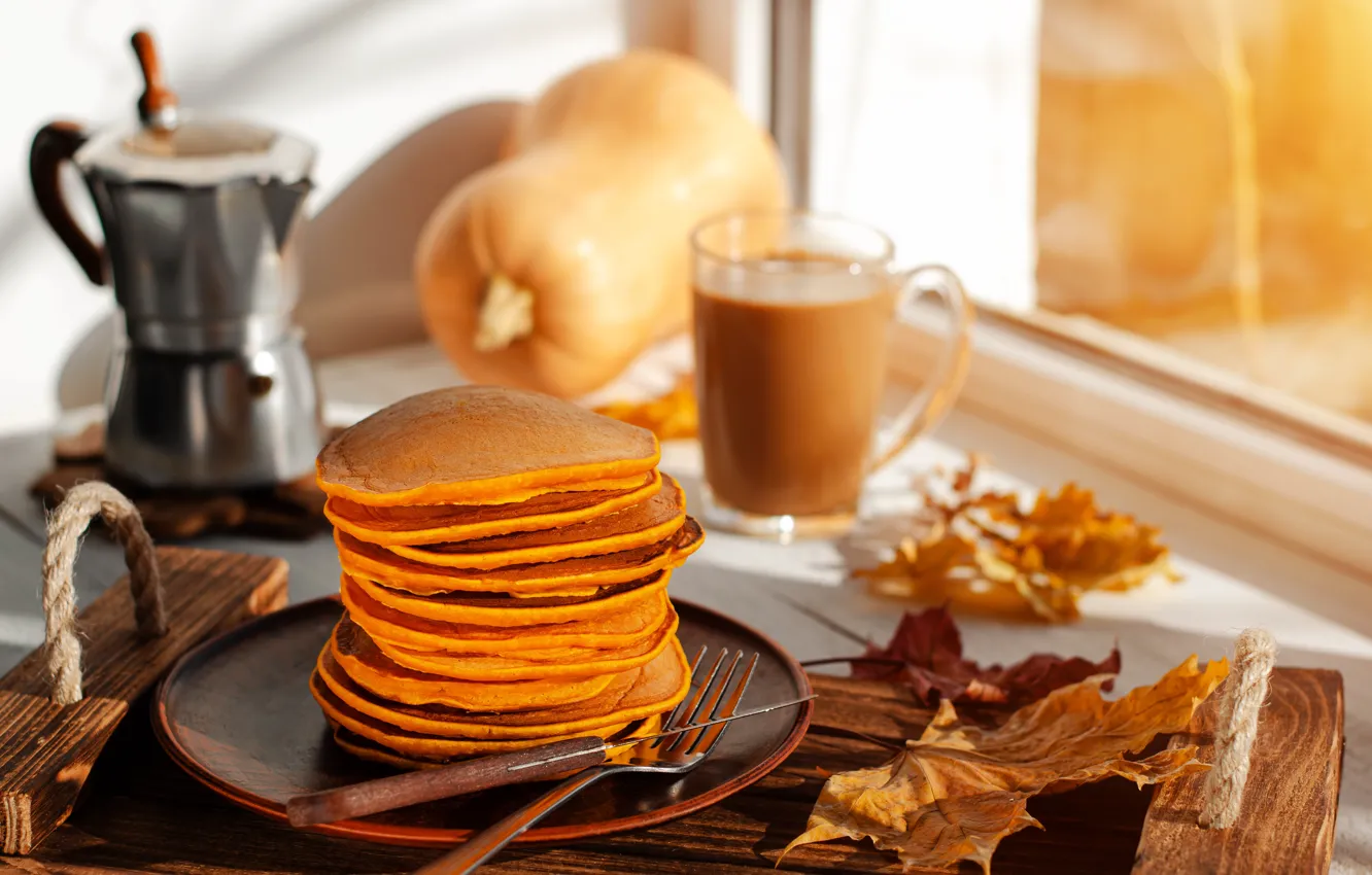 Photo wallpaper coffee, food, Breakfast, pumpkin, pancakes, Tetiana Tychynska