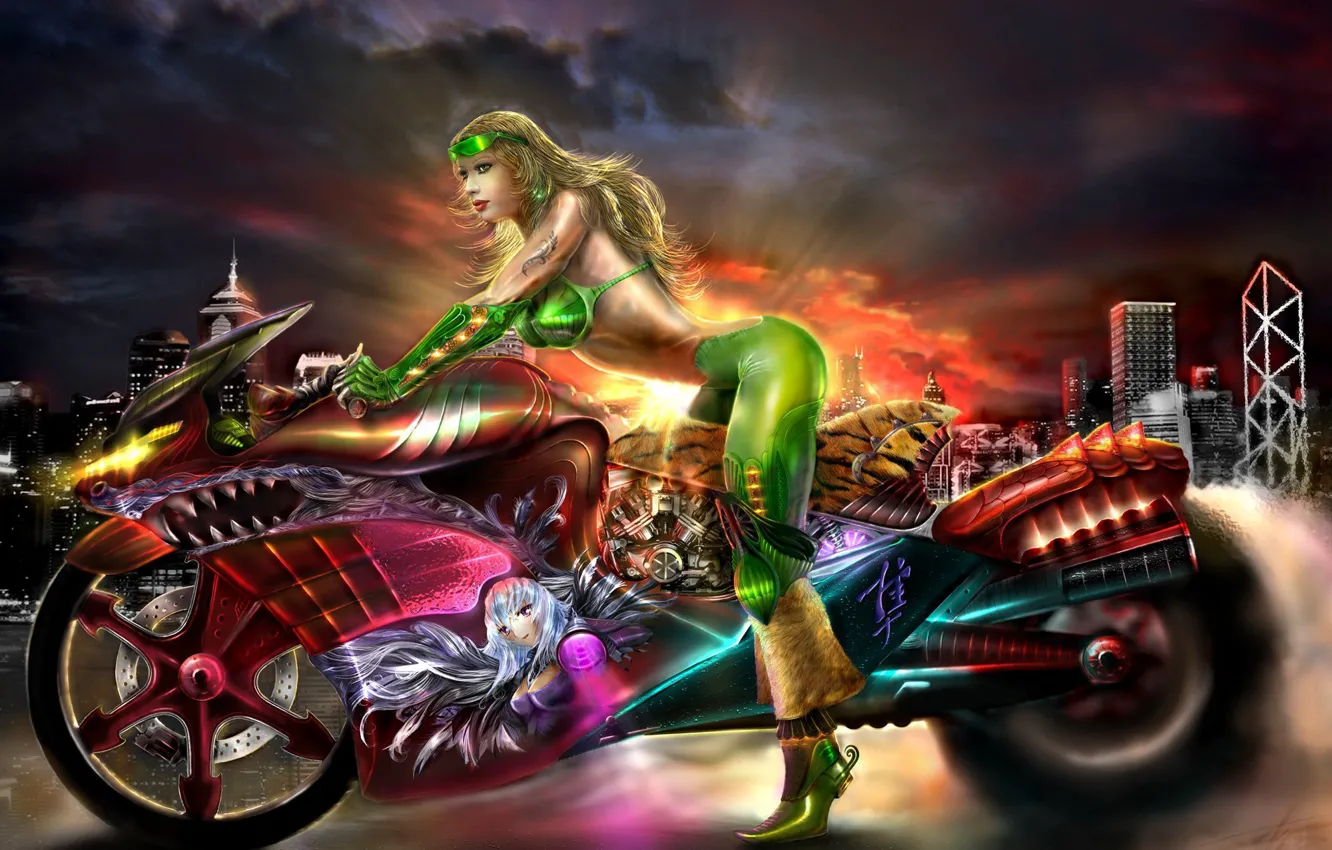Photo wallpaper the sky, woman, building, motorcycle, Elvira bike