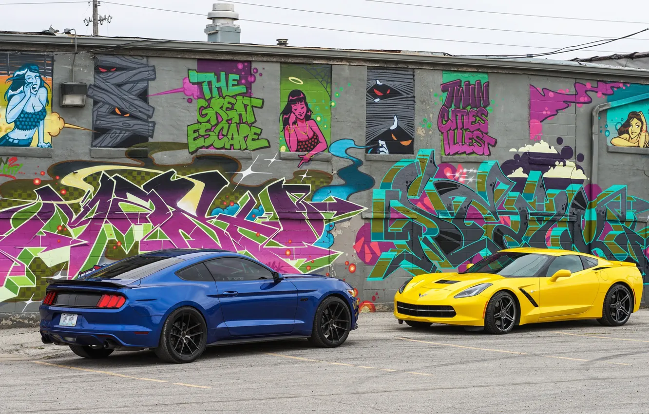 Photo wallpaper design, background, Ford Mustang, Corvette Chevrolet